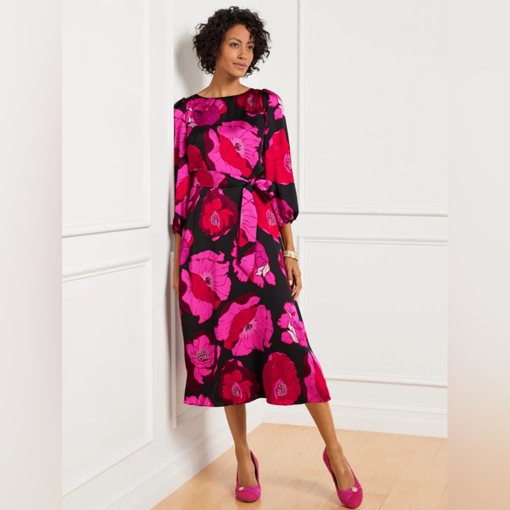 Talbots Vibrant Pink and Black Floral Satin Fit N Flare Midi Dress Sz 12